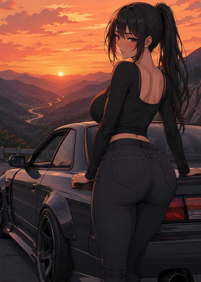 Anime girl leaning on car at sunset