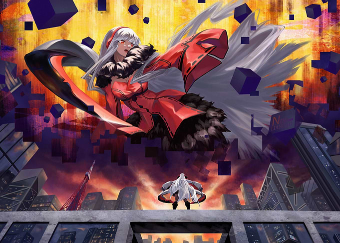 Anime Girl in Red Outfit Overlooking City