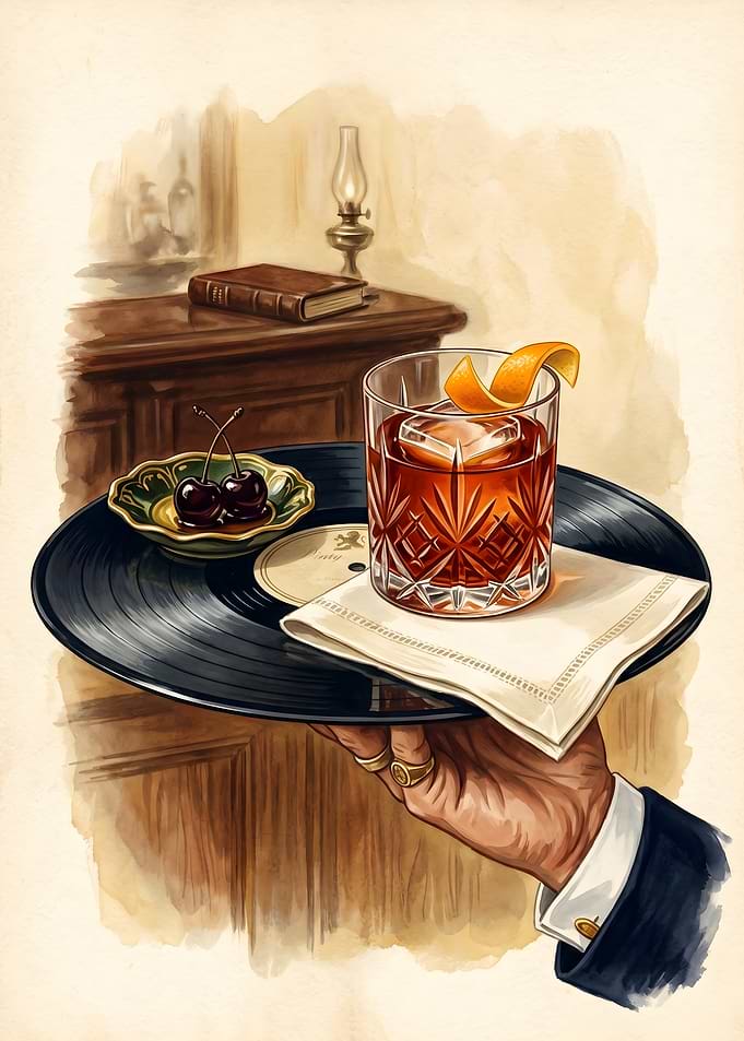 Cocktail on a Vinyl Record Tray