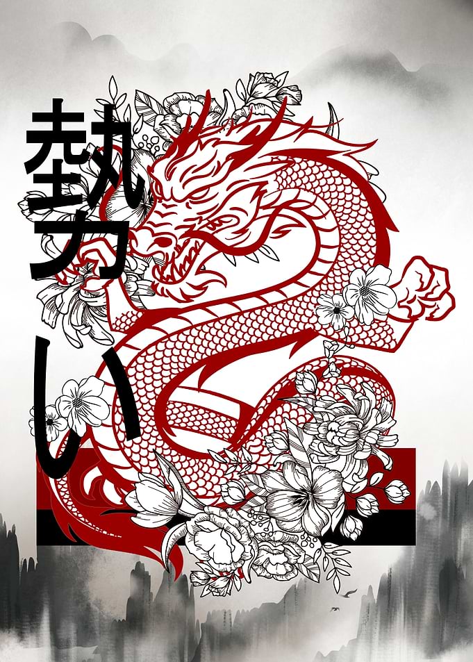 Red Dragon with Flowers