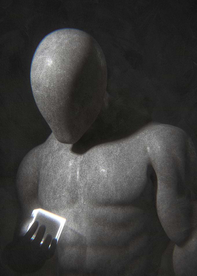 Mannequin holding a glowing phone