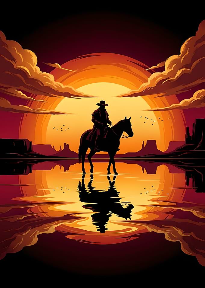 Cowboy Riding Horse at Sunset