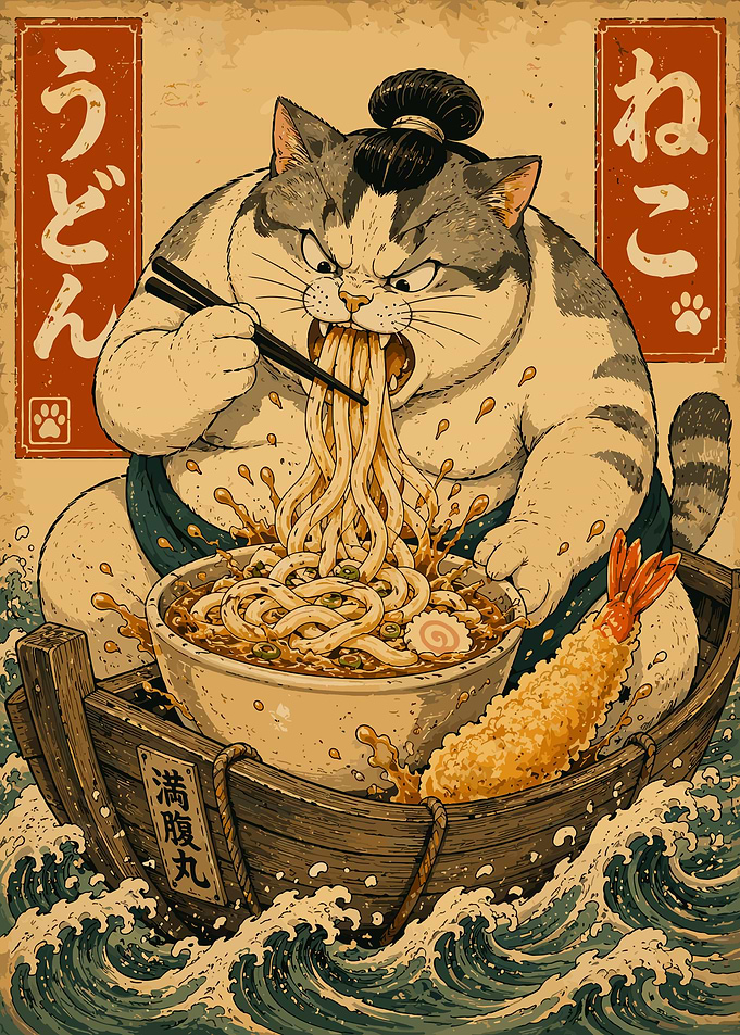 Sumo Cat Udon Ramen Poster Japanese Vintage Wall Art Funny Anime Style Decor