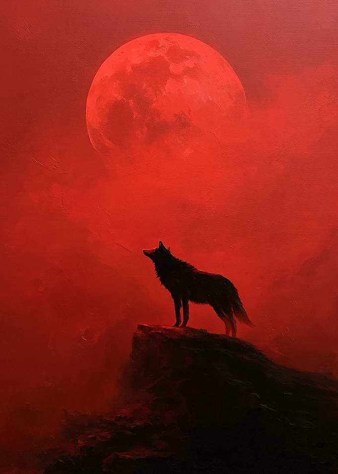 Wolf howling at a red moon