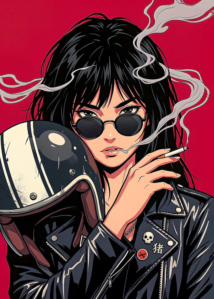 Woman with Motorcycle Helmet and Cigarette