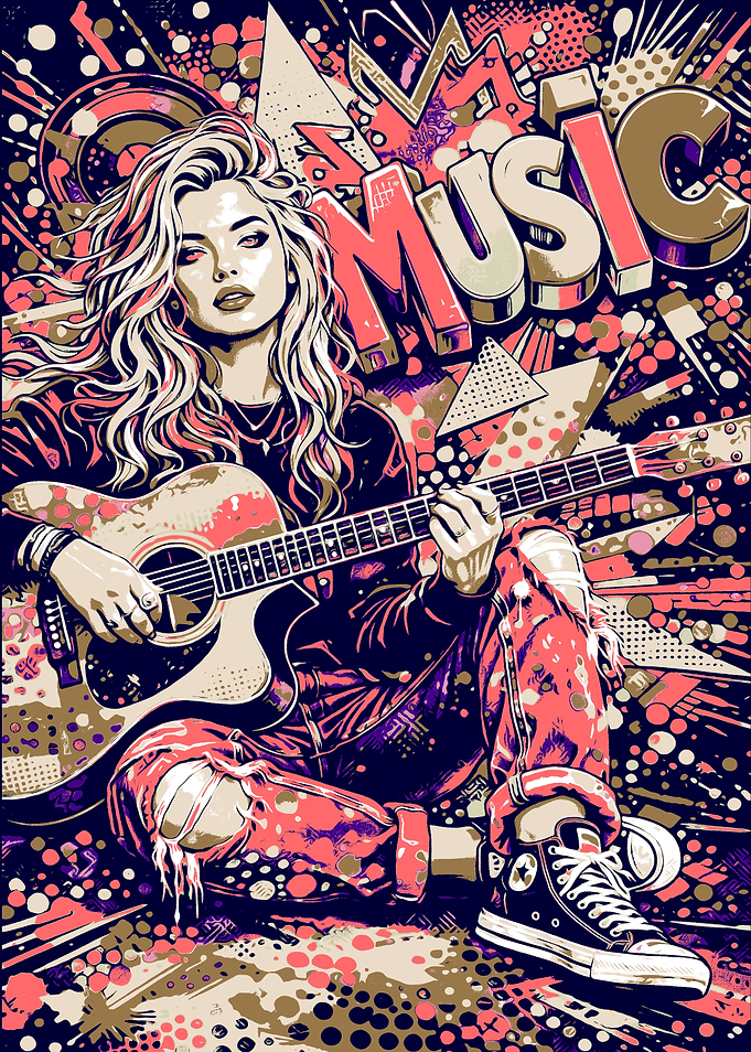 Woman Playing Guitar with 'MUSIC' Text