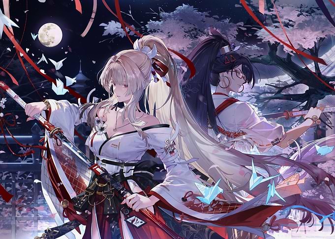 Two women with swords at night