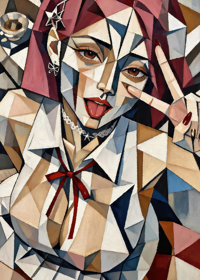 Cubist Portrait of a Woman with Pink Hair