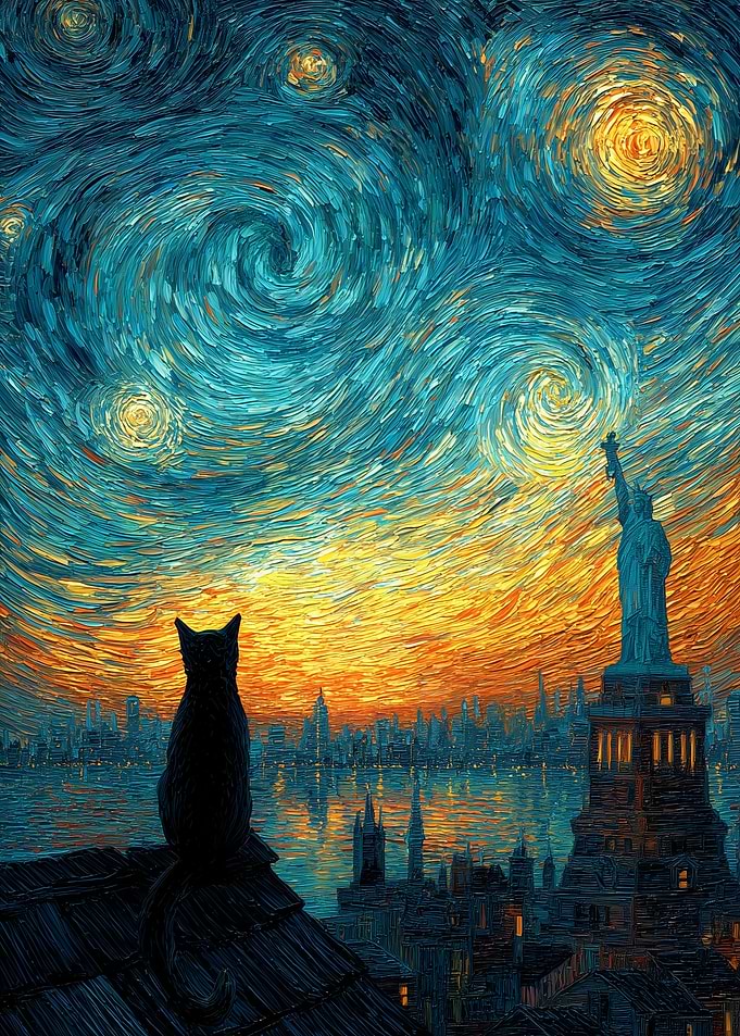 Cat overlooking Statue of Liberty in Van Gogh style
