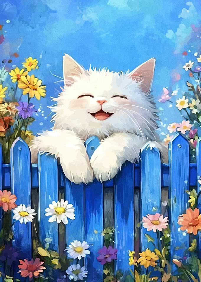 Happy Cat Peeking Over Fence