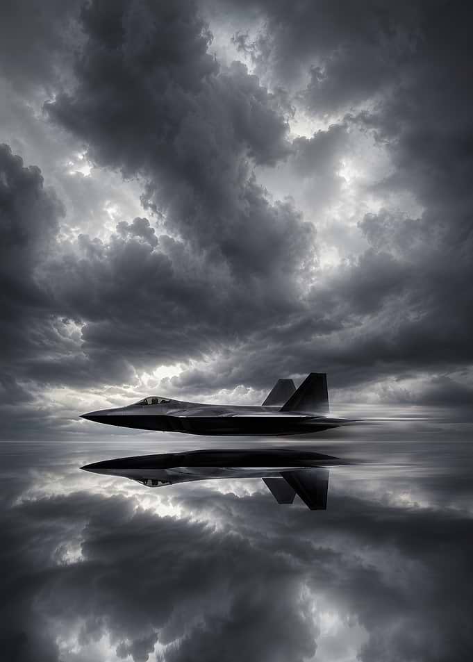 Fighter Jet Flying Over Reflective Water