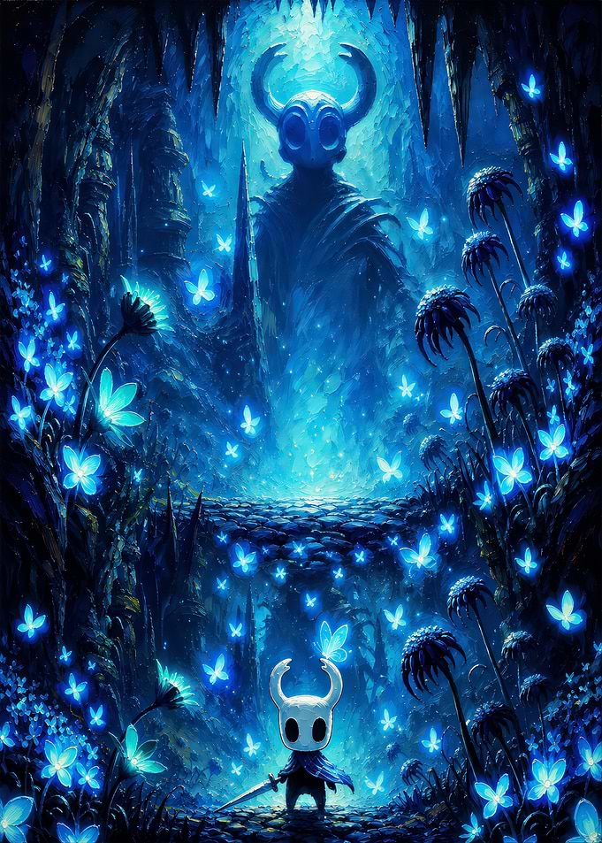 Hollow Knight in a Blue Cave