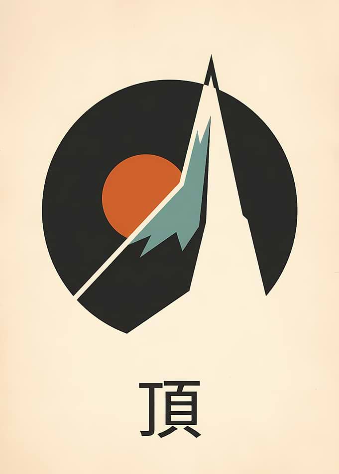 Mountain Peak with Sun and Japanese Kanji