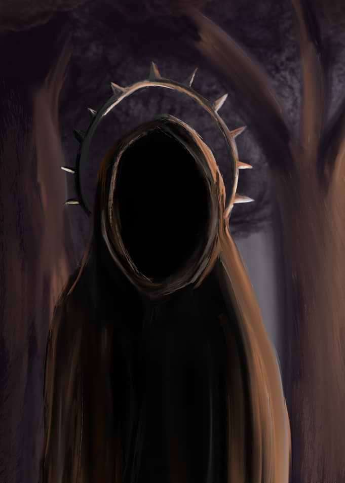 Dark hooded figure with thorny halo