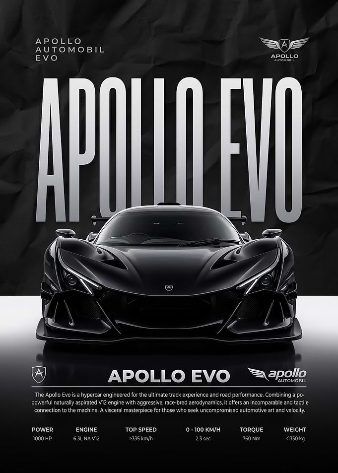 A striking black Apollo Evo Hypercar sleek car poster