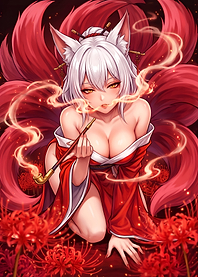 White Haired Kitsune with Nine Tails