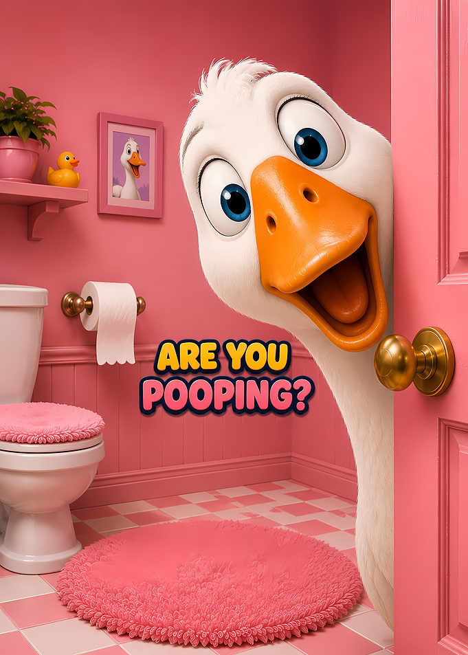 Goose peeking into a pink bathroom