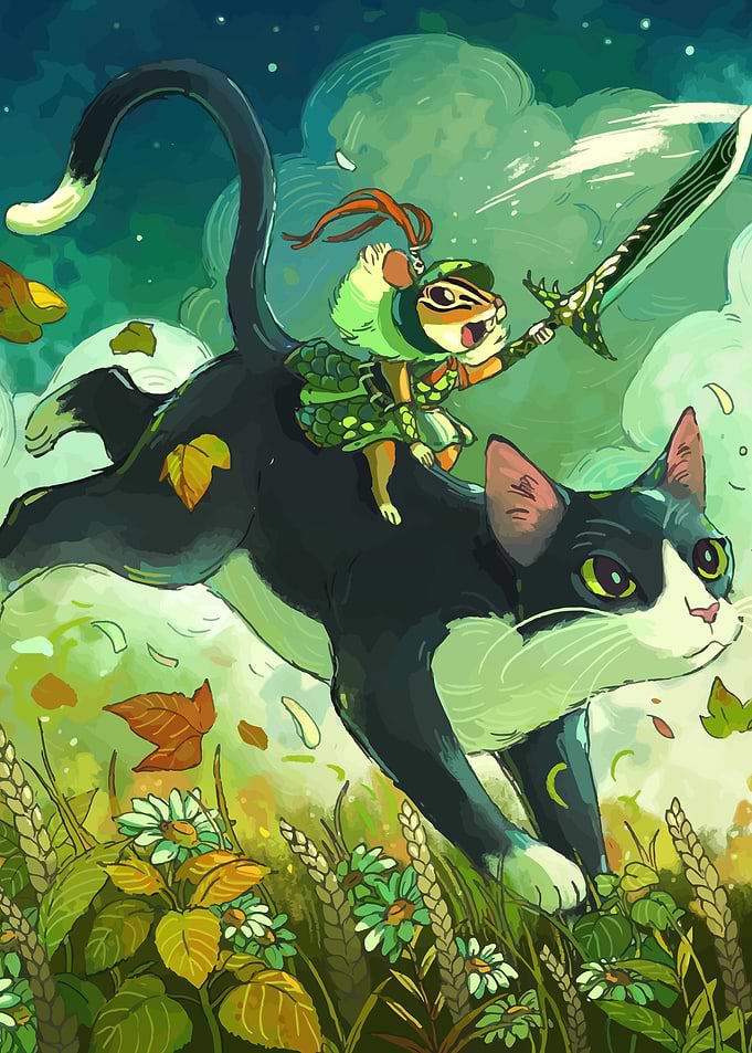 Fantasy Cat Rider with Sword