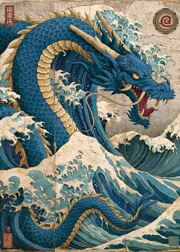 Blue Dragon Amidst Crashing Waves