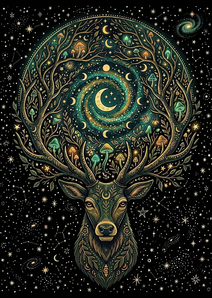 Mystical Deer with Cosmic Antlers