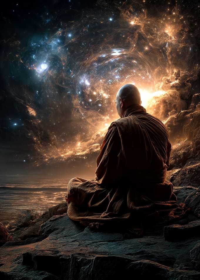 Monk meditating in space