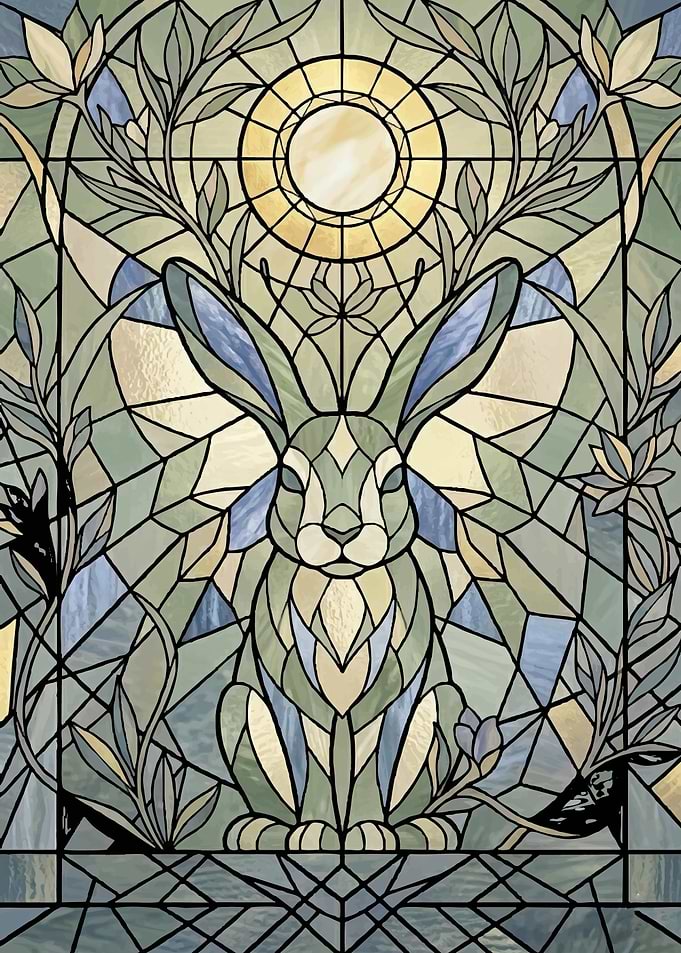 Stained Glass Rabbit with Sun and Flowers