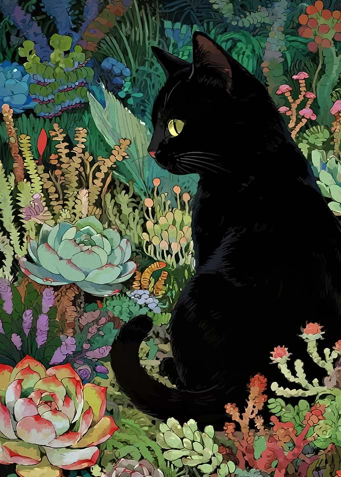 Black Cat in a Lush Garden