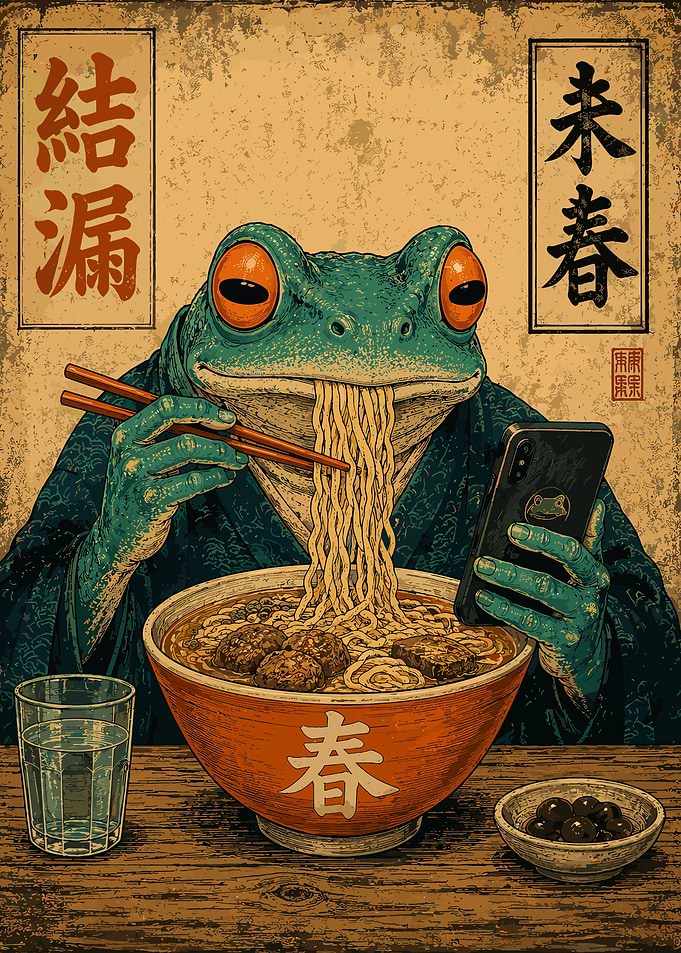 Samurai Frog Ramen Poster Japanese Ukiyo-e Style Wall Art with Smartphone