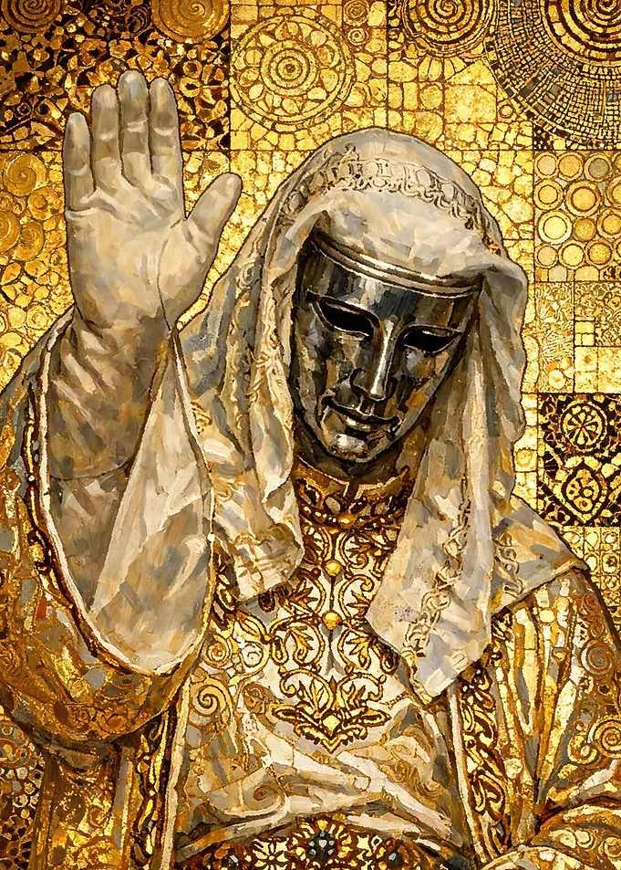 Golden Masked Figure with Raised Hand