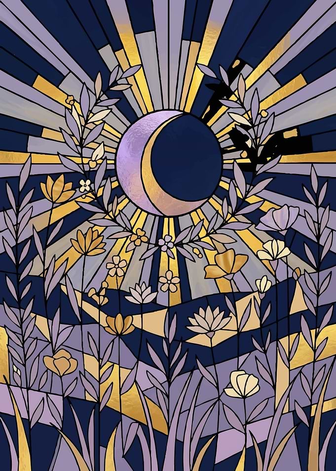 Stained Glass Moon and Flowers