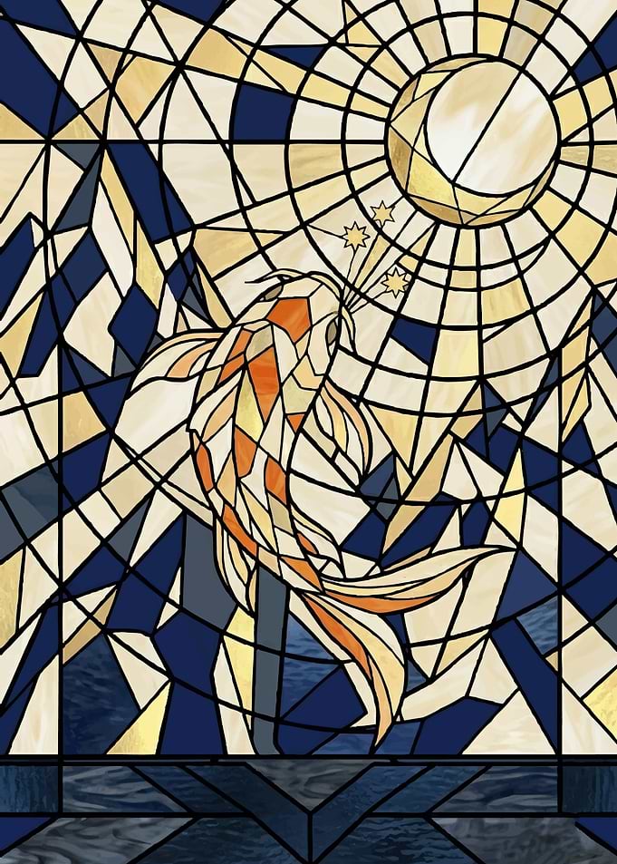 Stained Glass Koi Fish and Moon