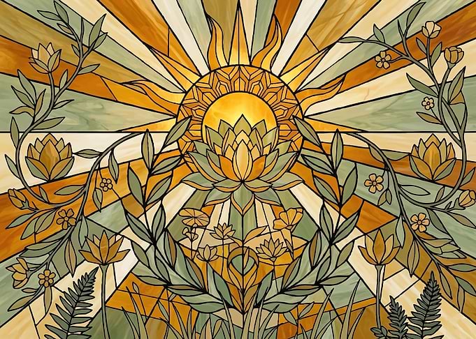 Stained Glass Sun and Lotus Flower