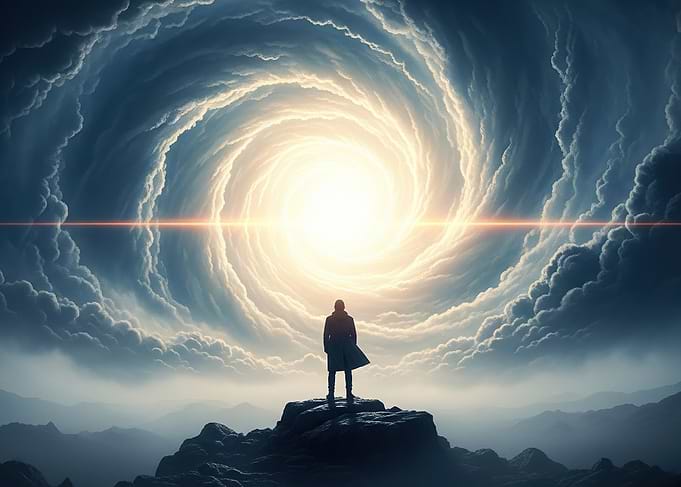 Man facing a cosmic vortex
