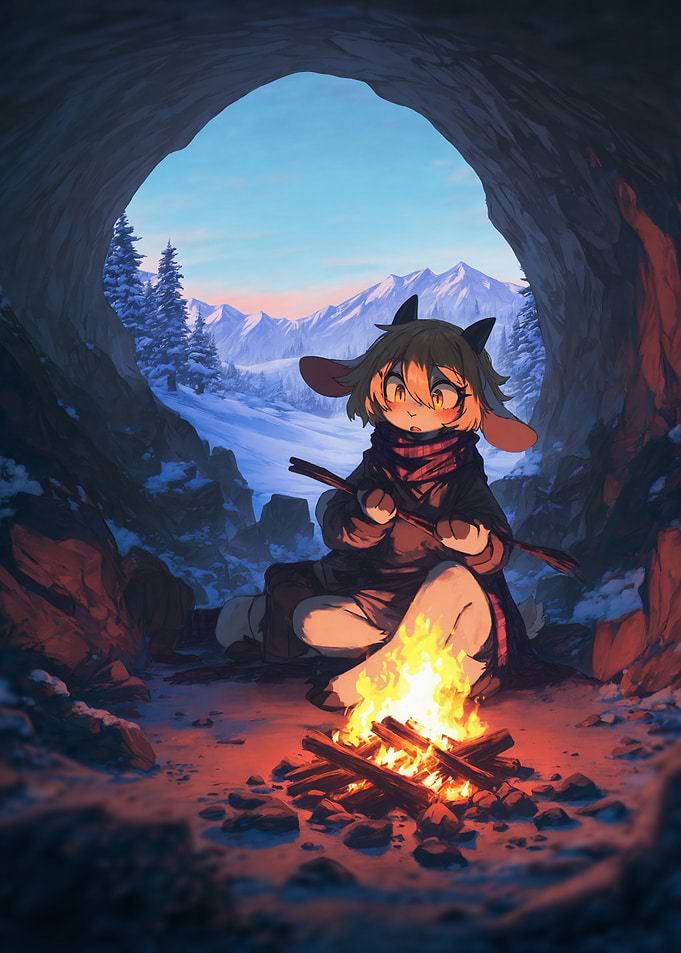 Cute character by campfire in cave