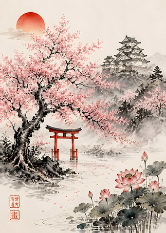 Japanese Castle with Cherry Blossoms and Torii Gate