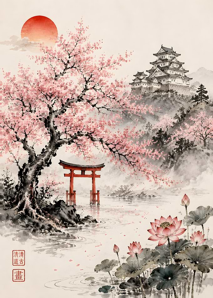 Japanese Castle with Cherry Blossoms and Torii Gate