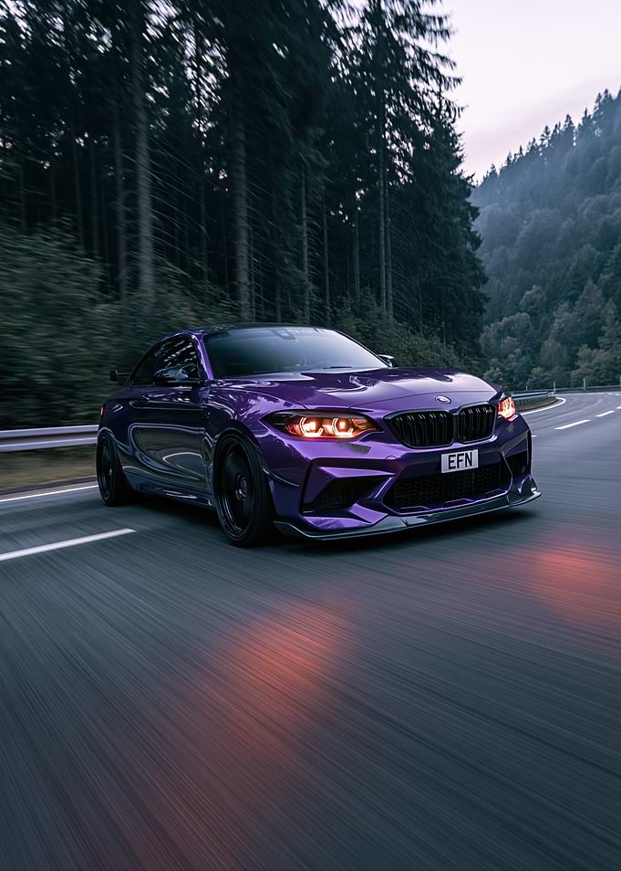 Purple BMW M2 on a Forest Road
