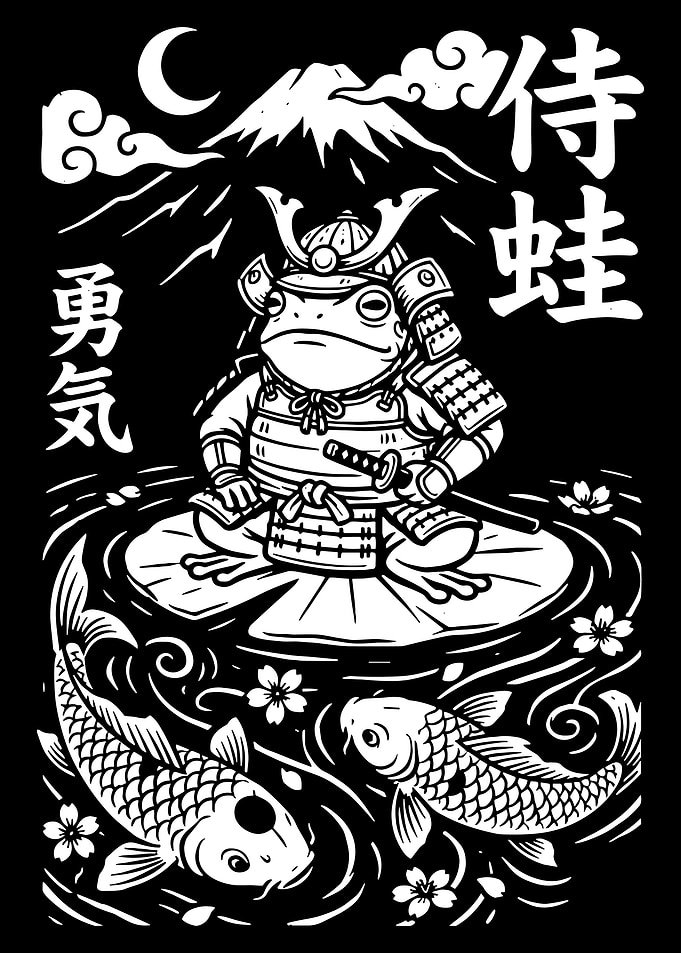 Samurai Frog Japanese Woodblock Poster Mount Fuji Koi Fish Wall Art