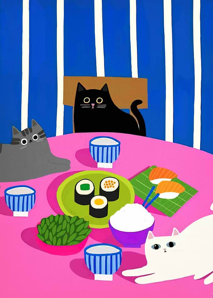 Cats Enjoying a Sushi Meal