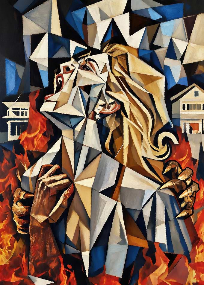 Woman in Flames Cubist Painting