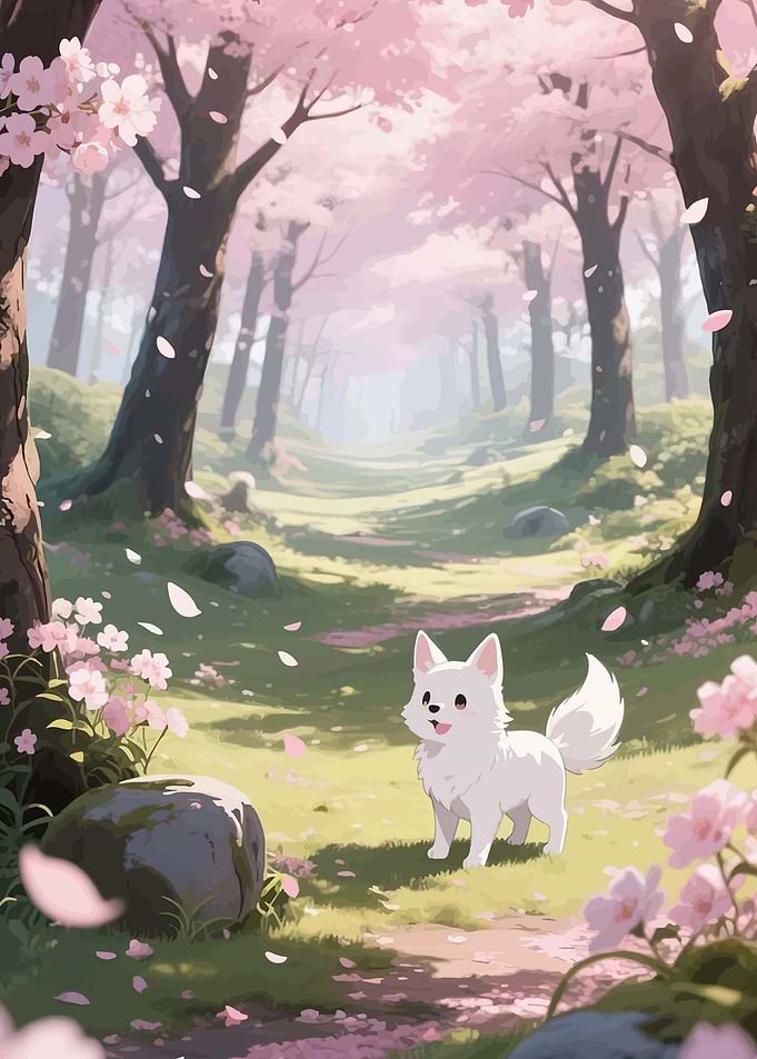 Cute White Dog in Cherry Blossom Forest