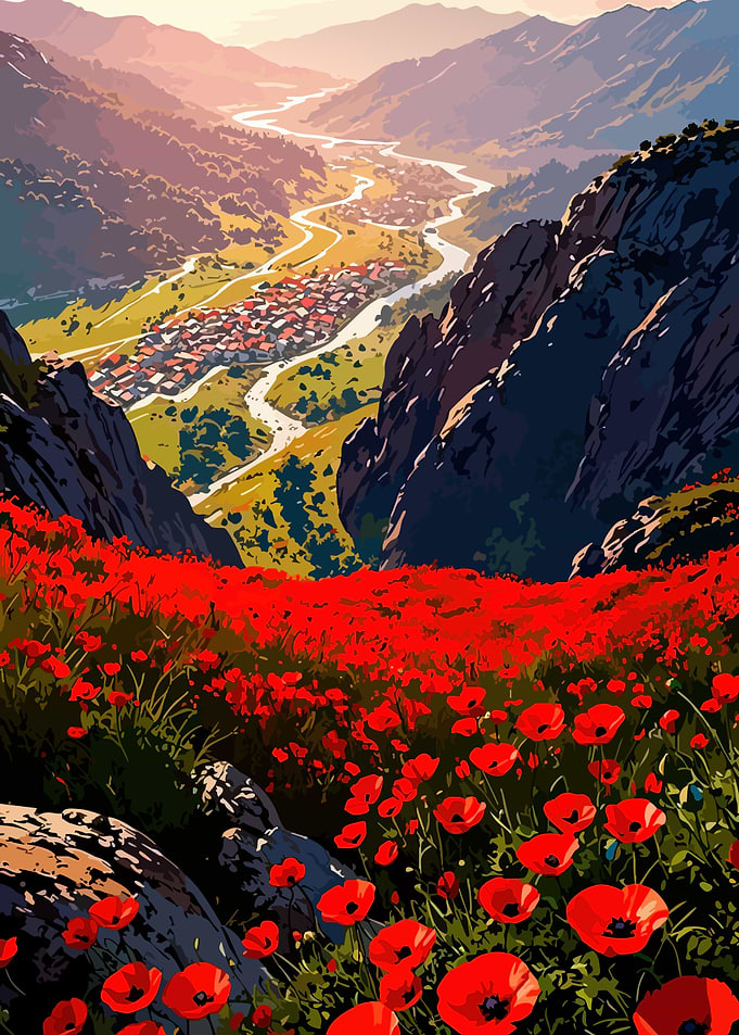Valley Village Amidst Poppy Field
