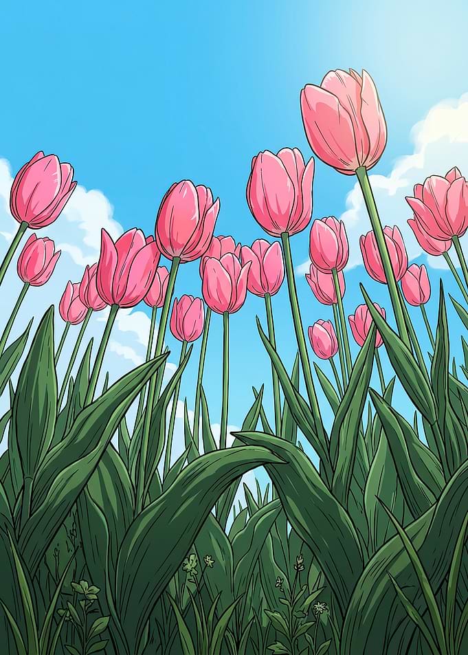 Pink Tulips Under a Blue Sky