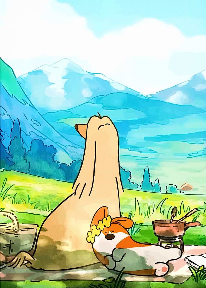 Dogs enjoying a picnic in the mountains