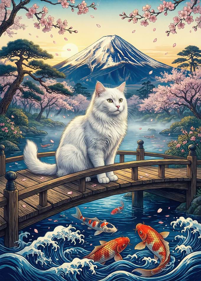 White Cat on a Bridge with Koi Fish and Mt. Fuji