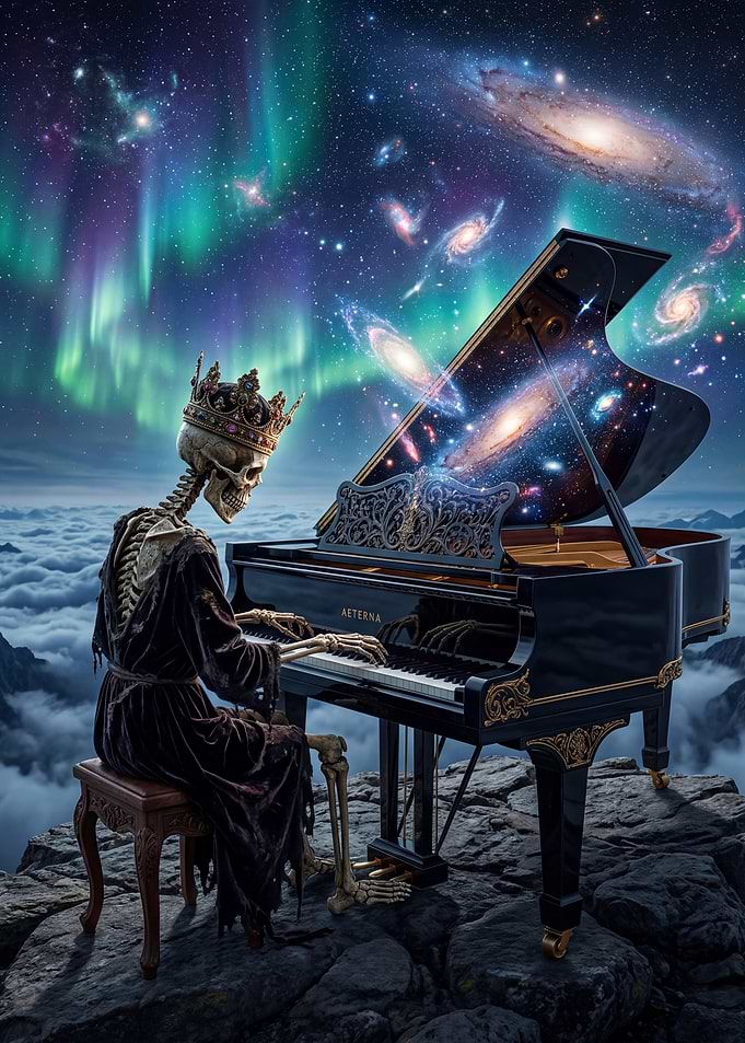Skeleton King Plays Piano in Space