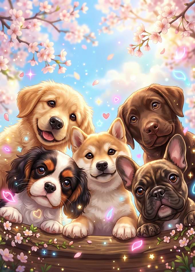 Cute Puppies Under Cherry Blossoms