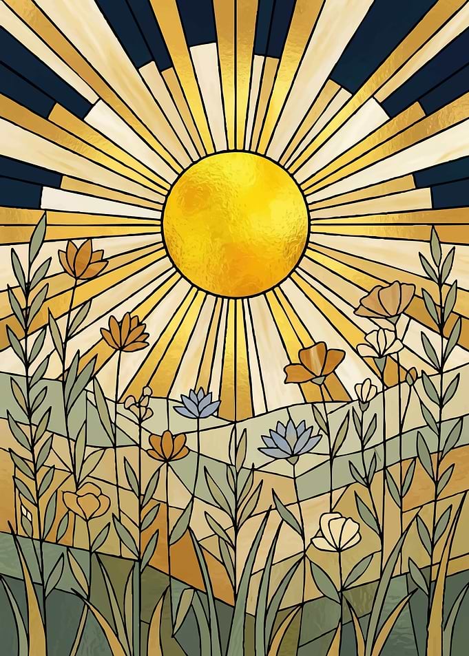 Stained Glass Sun and Flowers