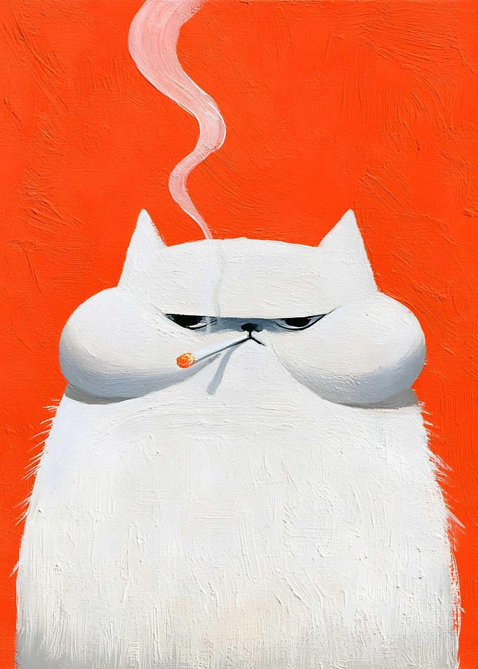 Grumpy White Cat with a Cigarette