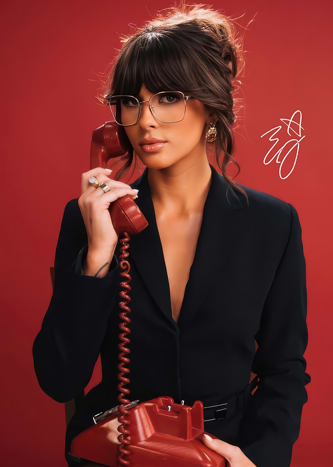 Woman with Retro Phone and Glasses